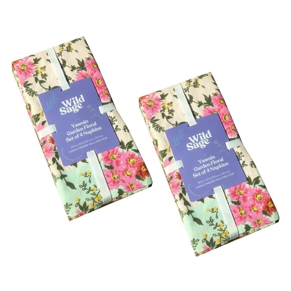 new Set of 8 Wild Sage Pink Garden Floral 100% Cotton 20x20-inch Fabric Napkins - Picture 1 of 7